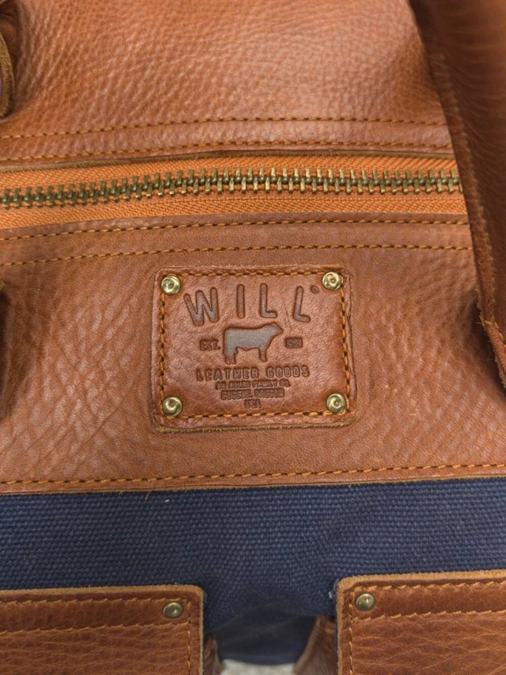 Will Leather Goods Canvas + Leather Travel Duffle, Navy/Tan, 20x13x10